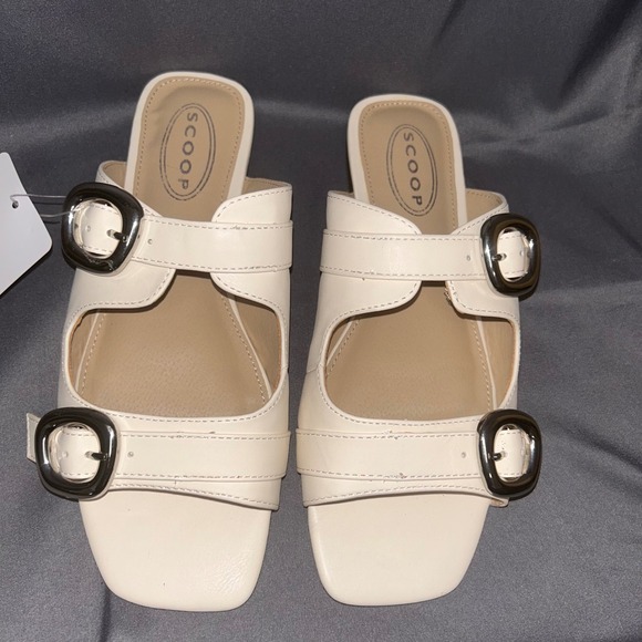 Scoop Shoes - Scoop Slide On Flat Sandal Square Toe Double Buckle Cream Bone Size 6.5